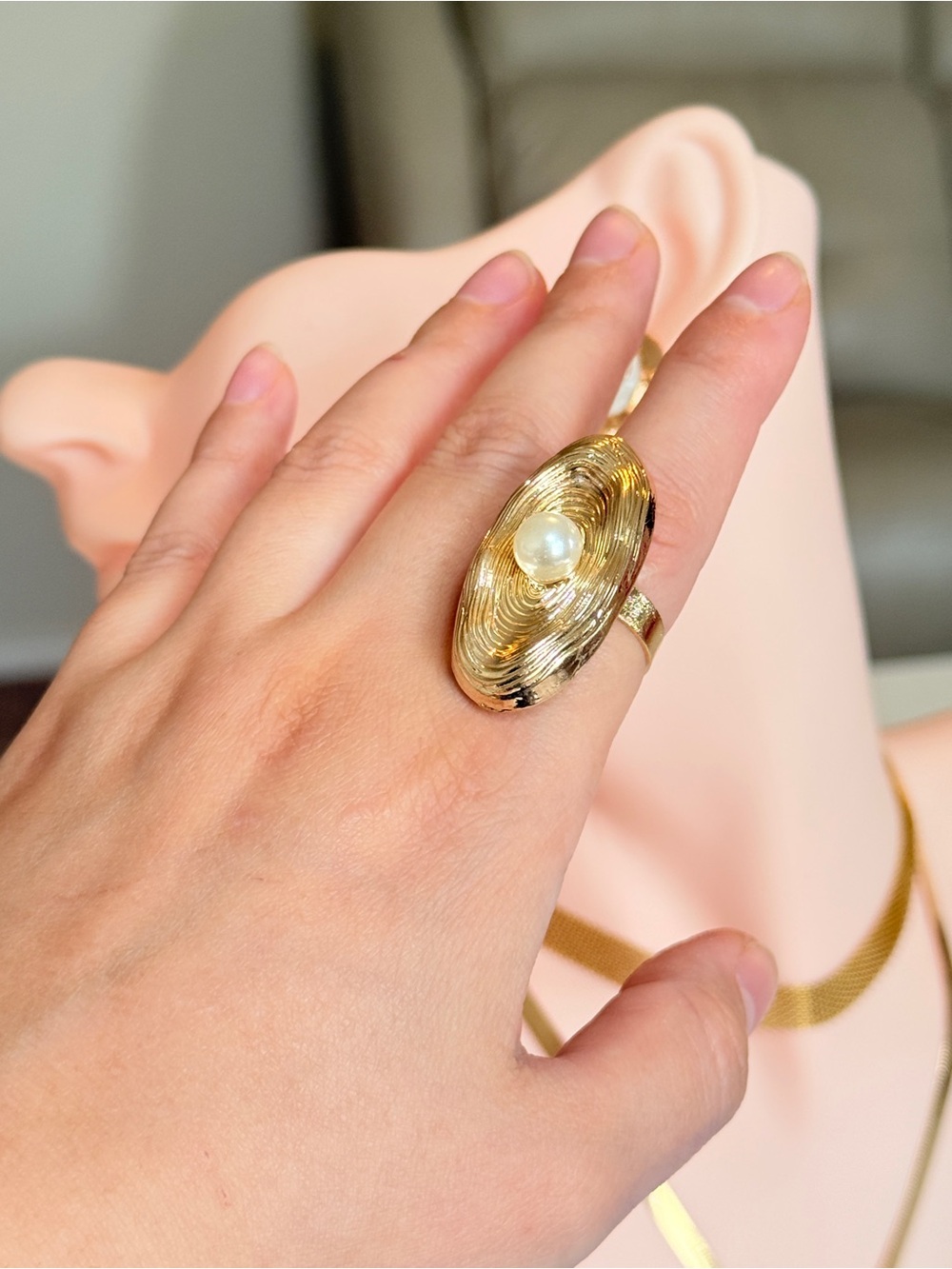 Gold Pearl Oval Statement Ring